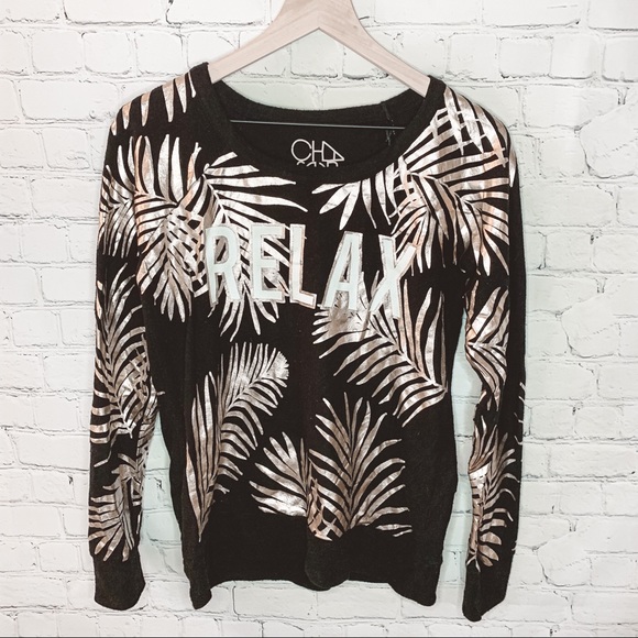 Revolve Chaser Metallic Tropical Relax Sweatshirt Black/Gold Size Medium NWT - Picture 4 of 5